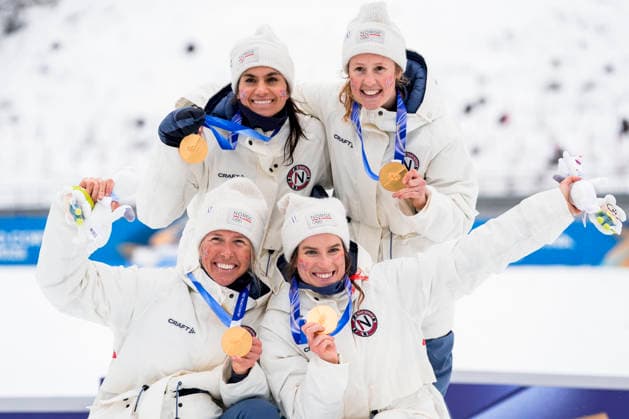 Winter Olympics in Milan Cortina 2026 Val di Fiemme, Italy 20260214. Heidi Weng, Karoline Simpson-Larsen, Astrid oyre Slind and Kristin Austgulen Fosnaes from Norway on the podium after the women s 4 x 7.5 km cross-country relay at Lago di Tesero during the Winter Olympics in Milano Cortina 2026. Photo: Terje Pedersen NTB Val di Fiemme Italy EDITORIAL USE ONLY. RESTRICTED USE FOR BETTING COMPANIES Ref:_SPOb2FLP7Kcwz0.jpg *** Winter Olympics in Milan Cortina 2026 Val di Fiemme, Italy 20260214 Heidi Weng, Karoline Simpson Larsen, Astrid oyre Slind and Kristin Austgulen Fosnaes from Norway on the podium after the women s 4 x 7 5 km cross country relay at Lago di Tesero during the Winter Olympics in Milano Cortina 2026 Photo Terje Pedersen NTB Val di Fiemme Italy EDITORIAL USE ONLY RESTRICTED USE FOR BETTING COMPANIES  Copyright: xTerjexPedersenx xNTBx