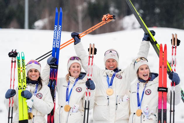 Winter Olympics in Milan Cortina 2026 Val di Fiemme, Italy 20260214. Heidi Weng, Karoline Simpson-Larsen, Astrid oyre Slind and Kristin Austgulen Fosnaes from Norway on the podium after the women s 4 x 7.5 km cross-country relay at Lago di Tesero during the Winter Olympics in Milano Cortina 2026. Photo: Terje Pedersen NTB Val di Fiemme Italy EDITORIAL USE ONLY. RESTRICTED USE FOR BETTING COMPANIES Ref:_SPOBknRP7apQbk.jpg *** Winter Olympics in Milan Cortina 2026 Val di Fiemme, Italy 20260214 Heidi Weng, Karoline Simpson Larsen, Astrid oyre Slind and Kristin Austgulen Fosnaes from Norway on the podium after the women s 4 x 7 5 km cross country relay at Lago di Tesero during the Winter Olympics in Milano Cortina 2026 Photo Terje Pedersen NTB Val di Fiemme Italy EDITORIAL USE ONLY RESTRICTED USE FOR BETTING COMPANIES  Copyright: xTerjexPedersenx xNTBx