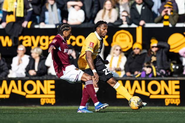 14th February 2026; Pirelli Stadium, Burton, West Staffordshire, England; FA Cup Football, Burton Albion versus West Ham United; Sebastian Revan of Burton Albion looks to beat Kyle Walker-Peters of West Ham  GodfreyxPitt Content restricted for UK based newspaper