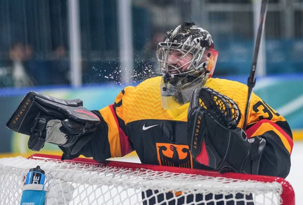 (260214) -- MILAN, Feb. 14, 2026 -- Philipp Grubauer, goalkeeper of Germany reacts during the Ice hockey, Eishockey men s preliminary round group C match between Germany and Latvia of the Milan-Cortina 2026 Olympic Winter games, Winterspiele,Spiele, Summer games in Milan, Italy, Feb. 14, 2026. ) (MICO2026)ITALY-MILAN-OLYMPIC WINTER GAMES-ICE HOCKEY-MEN-PRELIMINARY-GER VS LAT SunxFei 