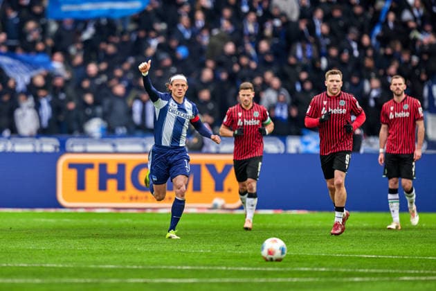 Fabian Reese (Hertha BSC, 11), jubelt ueber 11m, GER, Hertha BSC vs. ,Hannover 96, 2. Bundesliga, Saison 2025 2026, 22. Spieltag, 14.02.2026 (DFL REGULATIONS PROHIBIT ANY USE OF PHOTOGRAPHS AS IMAGE SEQUENCES AND OR QUASI - VIDEO). GER, Hertha BSC vs. ,Hannover 96, 2. Bundesliga, Saison 2025 2026, 22. Spieltag, 14.02.2026 Berlin
