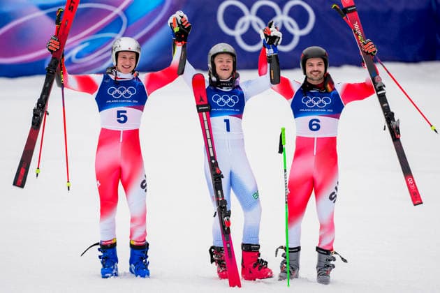Winter Olympics in Milan Cortina 2026 Bormio, Italy 20260214. Marco Odermatt of Switzerland, Lucas Pinheiro Braathen of Brazil and Loic Meillard of Switzerland celebrate after the men s alpine giant slalom during the Milan Cortina 2026 Winter Olympics. Photo: Cornelius Poppe NTB Bormio Italy EDITORIAL USE ONLY. RESTRICTED USE FOR BETTING COMPANIES Ref:_SPO8cJog_-Ymbg.jpg *** Winter Olympics in Milan Cortina 2026 Bormio, Italy 20260214 Marco Odermatt of Switzerland, Lucas Pinheiro Braathen of Brazil and Loic Meillard of Switzerland celebrate after the men s alpine giant slalom during the Milan Cortina 2026 Winter Olympics Photo Cornelius Poppe NTB Bormio Italy EDITORIAL USE ONLY RESTRICTED USE FOR BETTING COMPANIES  Copyright: xCorneliusxPoppex xNTBx