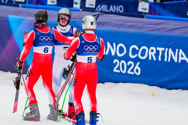 Winter Olympics in Milan Cortina 2026 Bormio, Italy 20260214. Marco Odermatt of Switzerland, Lucas Pinheiro Braathen of Brazil and Loic Meillard of Switzerland celebrate after the men s alpine giant slalom during the Milan Cortina 2026 Winter Olympics. Photo: Cornelius Poppe NTB Bormio Italy EDITORIAL USE ONLY. RESTRICTED USE FOR BETTING COMPANIES Ref:_SPOjxg5huQO6ys.jpg *** Winter Olympics in Milan Cortina 2026 Bormio, Italy 20260214 Marco Odermatt of Switzerland, Lucas Pinheiro Braathen of Brazil and Loic Meillard of Switzerland celebrate after the men s alpine giant slalom during the Milan Cortina 2026 Winter Olympics Photo Cornelius Poppe NTB Bormio Italy EDITORIAL USE ONLY RESTRICTED USE FOR BETTING COMPANIES  Copyright: xCorneliusxPoppex xNTBx
