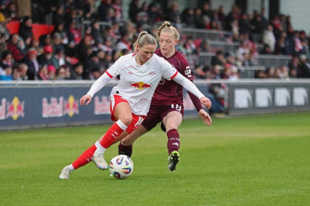 Google Pixel Frauen-Bundesliga, RB Leipzig - 1. FC Nürnberg; 14.02.2026 Marleen Schimmer (14, RB Leipzig) gegen Franziska Mai (18, 1. FC Nürnberg). Fußball, Google Pixel Frauen-Bundesliga, Saison 2025 2026, 18. Spieltag: RB Leipzig vs. 1. FC Nürnberg am 14.02.2026, Trainingszentrum Cottaweg, Leipzig. DFB REGULATIONS PROHIBIT ANY USE OF PHOTOGRAPHS AS IMAGE SEQUENCES AND OR QUASI-VIDEO. Copyright: xBEAUTIFULxSPORTS JanxKaeferx