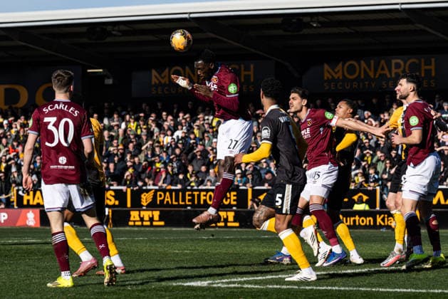 14th February 2026; Pirelli Stadium, Burton, West Staffordshire, England; FA Cup Football, Burton Albion versus West Ham United; Soungoutou Magassa of West Ham wins a defensive header  GodfreyxPitt Content restricted for UK based newspaper