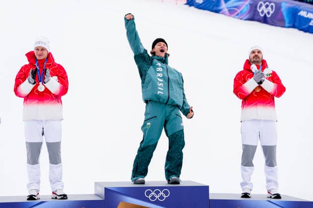 Winter Olympics in Milan Cortina 2026 Bormio, Italy 20260214. Marco Odermatt from Switzerland, Lucas Pinheiro Braathen from Brazil and Loic Meillard from Switzerland on the podium after the men s alpine giant slalom during the Winter Olympics in Milano Cortina 2026. Photo: Cornelius Poppe NTB Bormio Italy EDITORIAL USE ONLY. RESTRICTED USE FOR BETTING COMPANIES Ref:_SPOwxB6NuIttQM.jpg *** Winter Olympics in Milan Cortina 2026 Bormio, Italy 20260214 Marco Odermatt from Switzerland, Lucas Pinheiro Braathen from Brazil and Loic Meillard from Switzerland on the podium after the men s alpine giant slalom during the Winter Olympics in Milano Cortina 2026 Photo Cornelius Poppe NTB Bormio Italy EDITORIAL USE ONLY RESTRICTED USE FOR BETTING COMPANIES  Copyright: xCorneliusxPoppex xNTBx