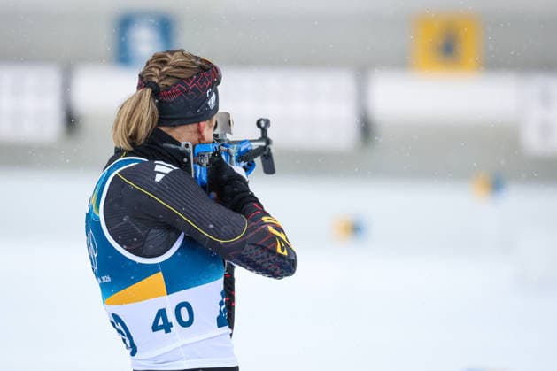 Antholz, Italien 14. Februar 2026: Biathlon Sprint Frauen 7,5 km - Olympia 2026 Im Bild: Franziska Preuss (GER) beim Schießen. Anterselva Biathlon Arena *** Antholz, Italy February 14, 2026 Biathlon Sprint Women 7.5 km Olympia 2026 In the picture Franziska Preuss GER shooting Anterselva Biathlon Arena Copyright: xFotostandx xHettichx