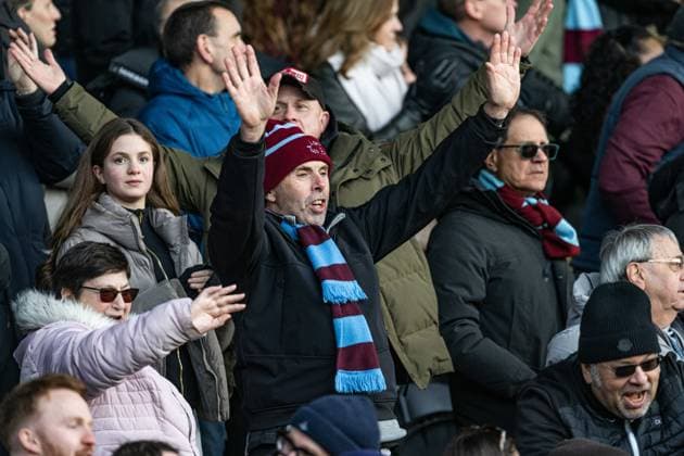 14th February 2026; Pirelli Stadium, Burton, West Staffordshire, England; FA Cup Football, Burton Albion versus West Ham United; West Ham fans celebrate the goal by Crysencio Summerville scored in the 5th minute of extra time to make the score 0-1  GodfreyxPitt Content restricted for UK based newspaper