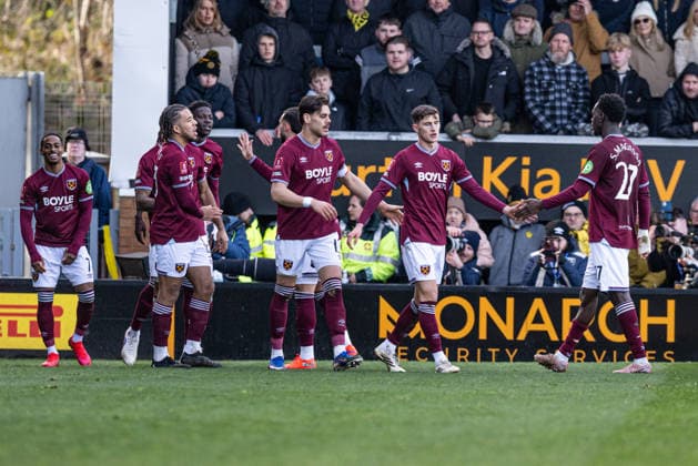 14th February 2026; Pirelli Stadium, Burton, West Staffordshire, England; FA Cup Football, Burton Albion versus West Ham United; Crysencio Summerville of West Ham celebrates with his team after scoring in the 5th minute of extra time to make the score 0-1  GodfreyxPitt Content restricted for UK based newspaper
