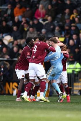 Burton Albion and West Ham players clash Burton Albion v West Ham United, Emirates FA Cup, Fourth Round, Football, Pirelli Stadium, Burton upon Trent, UK - 14 Feb 2026Burton upon Trent Pirelli Stadium United Kingdom EDITORIAL USE ONLY No use with unauthorised audio, video, data, fixture lists, club league logos or live services. Online in-match use limited to 120 images, no video emulation. No use in betting, games or single club league player publications. Copyright: xRyanxBrowne Shutterstockx 16608141bo