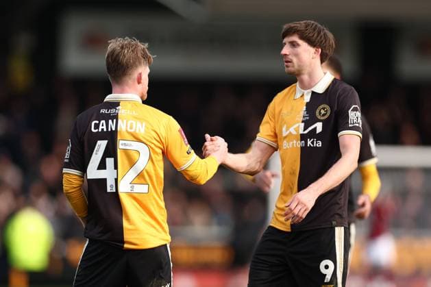 Andy Cannon of Burton Albion and Jake Beesley of Burton Albion Burton Albion v West Ham United, Emirates FA Cup, Fourth Round, Football, Pirelli Stadium, Burton upon Trent, UK - 14 Feb 2026Burton upon Trent Pirelli Stadium United Kingdom EDITORIAL USE ONLY No use with unauthorised audio, video, data, fixture lists, club league logos or live services. Online in-match use limited to 120 images, no video emulation. No use in betting, games or single club league player publications. Copyright: xRyanxBrowne Shutterstockx 16608141bv