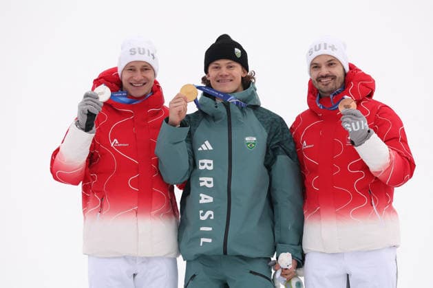 GIOCHI OLIMPICI - Olimpiadi Invernali Milano-Cortina 2026 - Alpine Skiing Men s Giant Slalom Marco Odermatt (SUI) Lucas Pinheiro Braathen )BRA) Loic Meillard (SUI) Bormio Italy  Copyright: xIPAxSport ABACAx