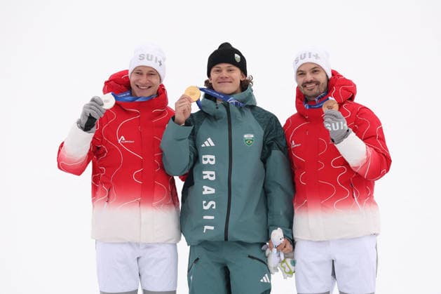 GIOCHI OLIMPICI - Olimpiadi Invernali Milano-Cortina 2026 - Alpine Skiing Men s Giant Slalom Marco Odermatt (SUI) Lucas Pinheiro Braathen )BRA) Loic Meillard (SUI) Bormio Italy  Copyright: xIPAxSport ABACAx