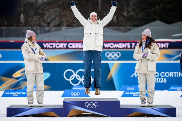 260214 Silver medalist Oceane Michelon of France, gold medalist Maren Kirkeeide of Norway and bronze medalist Lou Jeanmonnot of France on the podium in women s biathlon 7,5 km sprint during day 8 of the 2026 Winter Olympics on February 14, 2026 in Anterselva. Photo: Jon Olav Nesvold BILDBYRAN COP 217 MB1327 skidskytte biathlon skiskyting Olympic Games, Olympische Spiele, Olympia, OS olympics winter olympics os ol olympiska spel vinter-os olympiske leker milano cortina 2026 milan cortina 2026 milano cortina 2026 olympic games milano cortina 2026 winter olympic games milano cortina-os milano cortina-ol vinter-ol 8 bbeng sprint dam kvinner women Norway norge Gold guld *** 260214 Silver medalist Oceane Michelon of France, gold medalist Maren Kirkeeide of Norway and bronze medalist Lou Jeanmonnot of France on the podium in women s biathlon 7,5 km sprint during day 8 of the 2026 Winter Olympics on February 14, 2026 in Anterselva Photo Jon Olav Nesvold BILDBYRAN COP 217 MB1327 biathlon biathlon olympic games olympics olympics winter olympics os ol olympiska spel vinter os olympiske leker milano cortina 2026 milan cortina 2026 milano cortina 2026 olympic games milano cortina 2026 winter olympic games milano cortina os milano cortina ol vinter ol 8 bbeng sprint dam kvinner women Norway norge Gold guld  Copyright: JONxOLAVxNESVOLD BB260214JE062