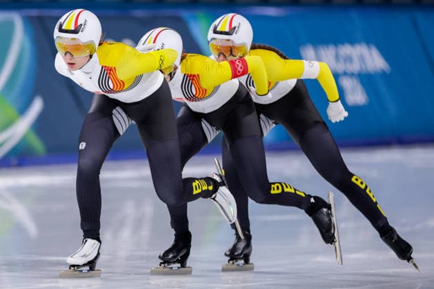 2026-02-14 Speed skating, Eisschnelllauf - Milano Cortina 2026 Winter Olympics - Day 8 MILAN, ITALY - FEBRUARY 14: Sandrine Tas of Belgium, Isabelle van Elst of Belgium, Fran Vanhoutte of Belgium competing in the Women s Team Pursuit during Day 8 of Speed Skating - Milano Cortina 2026 Winter Olympics at Milano Speed Skating Stadium on February 14, 2026 in Milan, Italy. (Photo by Joris Verwijst BSR Agency) Milan Italy Content not available for redistribution in The Netherlands directly or indirectly through any third parties. Copyright: xBSRxAgencyx