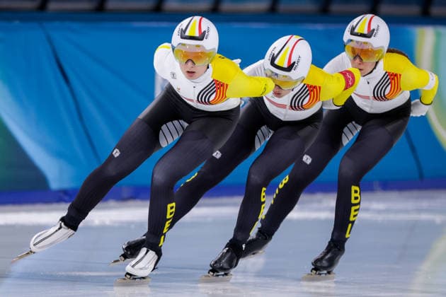 2026-02-14 Speed skating, Eisschnelllauf - Milano Cortina 2026 Winter Olympics - Day 8 MILAN, ITALY - FEBRUARY 14: Sandrine Tas of Belgium, Isabelle van Elst of Belgium, Fran Vanhoutte of Belgium competing in the Women s Team Pursuit during Day 8 of Speed Skating - Milano Cortina 2026 Winter Olympics at Milano Speed Skating Stadium on February 14, 2026 in Milan, Italy. (Photo by Joris Verwijst BSR Agency) Milan Italy Content not available for redistribution in The Netherlands directly or indirectly through any third parties. Copyright: xBSRxAgencyx