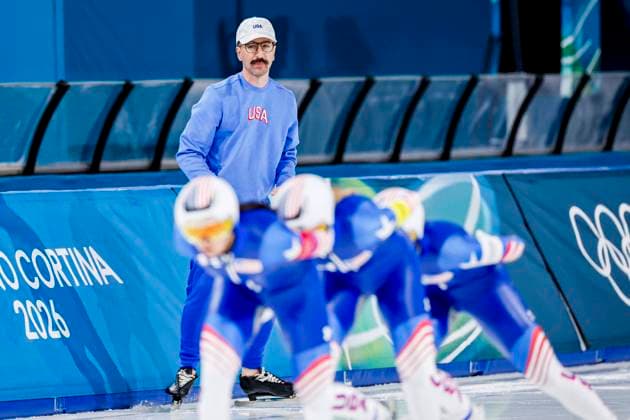 coach Gabriel Girard of United States of America looks on while watching atheletes Women s Team Pursuit Quarterfinals, Milano Cortina 2026 Winter Olympics: Day 8, Speed skating, Eisschnelllauf - Milano Cortina 2026 Winter Olympics: Day 8, Milano Speed Skating Stadium, February 14, 2026, Milan, Italy.