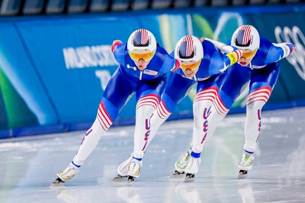 Giorgia Birkeland of United States of America and Brittany Bowe of United States of America and Mia Manganello of United States of America Women s Team Pursuit Quarterfinals, Milano Cortina 2026 Winter Olympics: Day 8, Speed skating, Eisschnelllauf - Milano Cortina 2026 Winter Olympics: Day 8, Milano Speed Skating Stadium, February 14, 2026, Milan, Italy.