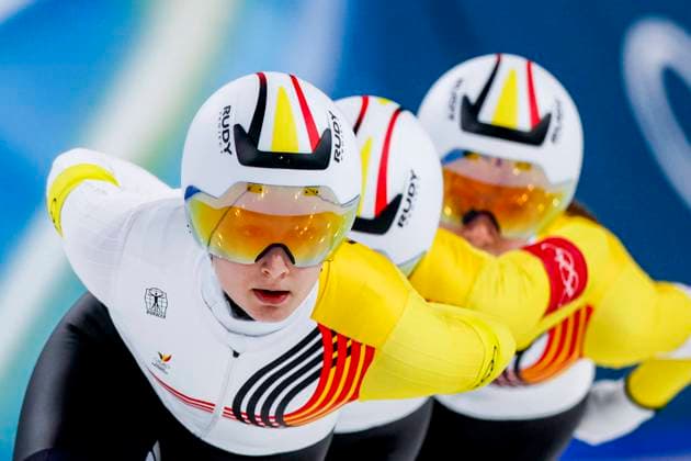 Sandrine Tas of Belgium and Isabelle Van Elst of Belgium and Fran Vanhoutte of Belgium Women s Team Pursuit Quarterfinals, Milano Cortina 2026 Winter Olympics: Day 8, Speed skating, Eisschnelllauf - Milano Cortina 2026 Winter Olympics: Day 8, Milano Speed Skating Stadium, February 14, 2026, Milan, Italy.