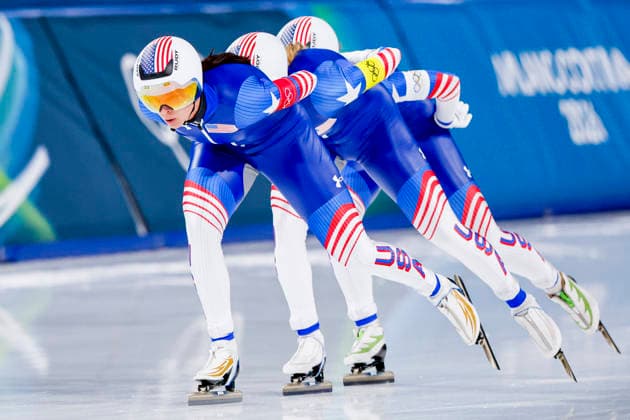 Milano Cortina 2026 Winter Olympics, Speed skating, Eisschnelllauf Italy Giorgia Birkeland, Brittany Bowe and Mia Manganello of United States of America competing in the Speed Skating Women s Team Pursuit Quarterfinals on Day 8 of the Milano Cortina 2026 Winter Olympics at the Milano Speed Skating Stadium in Milan, Italy, February 14, 2026. Milan Italy  Copyright: xMatrixxImagesx xHenkxJanxDijksx