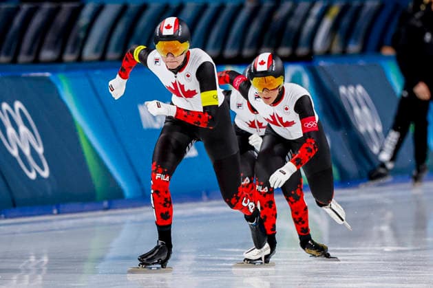 Milano Cortina 2026 Winter Olympics, Speed skating, Eisschnelllauf Italy Ivanie Blondin, Valerie Maltais and Isabelle Weidemann of Canada competing in the Speed Skating Women s Team Pursuit Quarterfinals on Day 8 of the Milano Cortina 2026 Winter Olympics at the Milano Speed Skating Stadium in Milan, Italy, February 14, 2026. Milan Italy  Copyright: xMatrixxImagesx xHenkxJanxDijksx