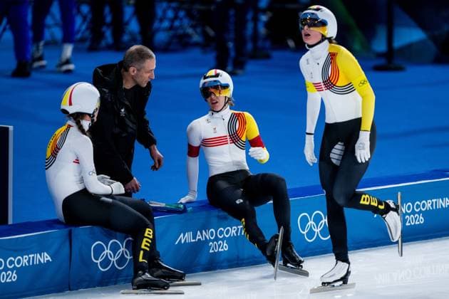 Belgian speed skater Sandrine Tas, Belgian speed skater Isabelle van Elst and Belgian speed skater Fran Vanhoutte pictured after the quarterfinals of the Women s Team Pursuit Speed skating, Eisschnelllauf at the Milano Cortina 2026 Olympic Winter games, Winterspiele,Spiele, Summer games on Saturday 14 February 2026 in Milan, Italy. The XXV Winter Olympics take place from 6 to 22 February 2026 in Italy. JASPERxJACOBS  x163406787x