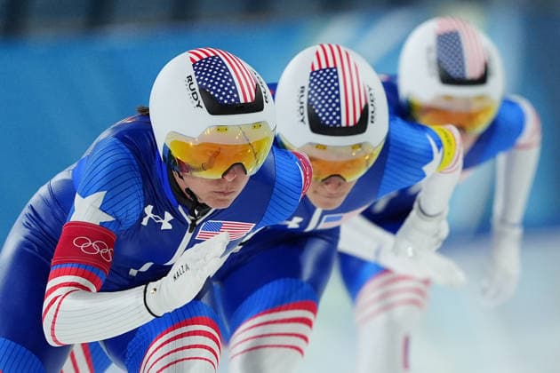 Team USA competing for the Olympic Speed skating, Eisschnelllauf Women s Team Pursuit Quarterfinals for the Milano Cortina 2026 Winter Olympics, in Milan (Italy) February 14, 2026 (Photo Claudio Furlan LaPresse)  Copyright: xClaudioxFurlan LaPressex