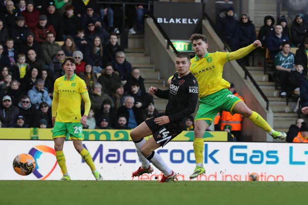 Norwich City v West Bromwich Albion Emirates FA Cup Mathias Kvistgaarden of Norwich has a shot on goal during the Emirates FA Cup Fourth Round match at Carrow Road, Norwich 14 02 2026 Commissioned for use in Newsquest Norfolk titles only. All other titles fees apply. UK Newspapers OUT Copyright: xPaulxChestertonx FIL-22967-0103