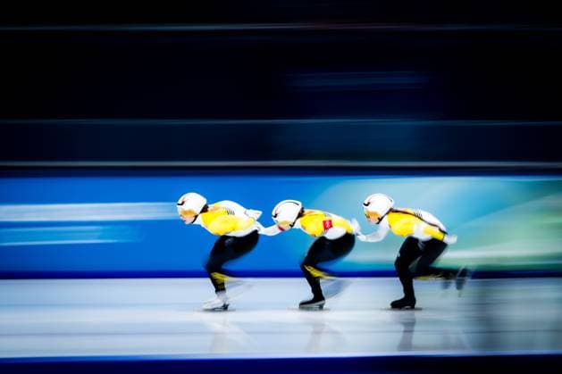 Belgian speed skater Sandrine Tas, Belgian speed skater Isabelle van Elst and Belgian speed skater Fran Vanhoutte pictured in action during the quarterfinals of the Women s Team Pursuit Speed skating, Eisschnelllauf at the Milano Cortina 2026 Olympic Winter games, Winterspiele,Spiele, Summer games on Saturday 14 February 2026 in Milan, Italy. The XXV Winter Olympics take place from 6 to 22 February 2026 in Italy. JASPERxJACOBS  x163407857x