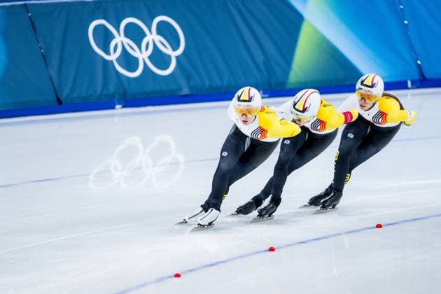 Belgian speed skater Sandrine Tas, Belgian speed skater Isabelle van Elst and Belgian speed skater Fran Vanhoutte pictured in action during the quarterfinals of the Women s Team Pursuit Speed skating, Eisschnelllauf at the Milano Cortina 2026 Olympic Winter games, Winterspiele,Spiele, Summer games on Saturday 14 February 2026 in Milan, Italy. The XXV Winter Olympics take place from 6 to 22 February 2026 in Italy. JASPERxJACOBS  x163407895x