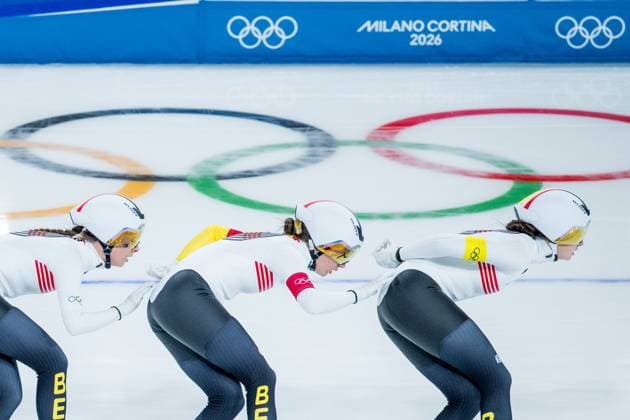 Belgian speed skater Sandrine Tas, Belgian speed skater Isabelle van Elst and Belgian speed skater Fran Vanhoutte pictured in action during the quarterfinals of the Women s Team Pursuit Speed skating, Eisschnelllauf at the Milano Cortina 2026 Olympic Winter games, Winterspiele,Spiele, Summer games on Saturday 14 February 2026 in Milan, Italy. The XXV Winter Olympics take place from 6 to 22 February 2026 in Italy. JASPERxJACOBS  x163408041x