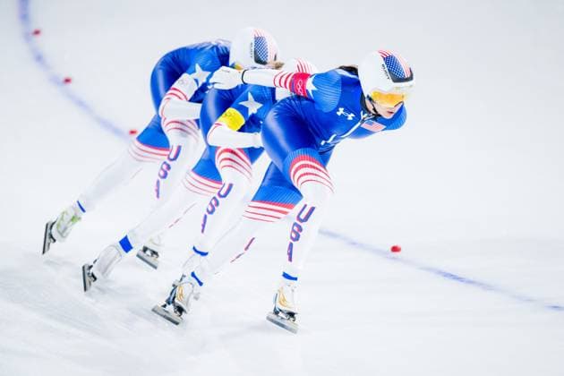 Team United States of America pictured in action during the quarterfinals of the Women s Team Pursuit Speed skating, Eisschnelllauf at the Milano Cortina 2026 Olympic Winter games, Winterspiele,Spiele, Summer games on Saturday 14 February 2026 in Milan, Italy. The XXV Winter Olympics take place from 6 to 22 February 2026 in Italy. JASPERxJACOBS  x163409207x