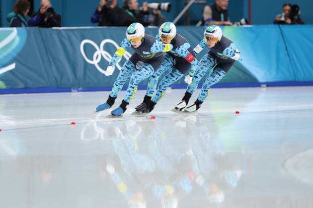 Winter Olympics - Speed skating, Eisschnelllauf Women s Team Pursuit Quarterfinals Team of Kazakhstan compete during the Speed Skating Women s Team Pursuit quarterfinals at the Olympic Winter games, Winterspiele,Spiele, Summer games Milan Cortina 2026, on February 14, 2026, at the Milano Speed Skating Stadium, in Milan, Italy. Photo by Alexis Jumeau ABACAPRESS.COM  Copyright: xJumeauxAlexis ABACAx