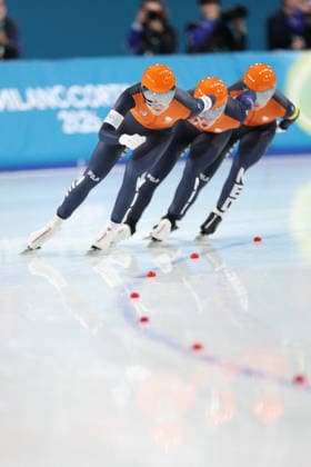 Winter Olympics - Speed skating, Eisschnelllauf Women s Team Pursuit Quarterfinals Team of Netherlands compete during the Speed Skating Women s Team Pursuit quarterfinals at the Olympic Winter games, Winterspiele,Spiele, Summer games Milan Cortina 2026, on February 14, 2026, at the Milano Speed Skating Stadium, in Milan, Italy. Photo by Alexis Jumeau ABACAPRESS.COM  Copyright: xJumeauxAlexis ABACAx