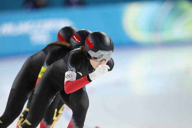Winter Olympics - Speed skating, Eisschnelllauf Women s Team Pursuit Quarterfinals Team of China compete during the Speed Skating Women s Team Pursuit quarterfinals at the Olympic Winter games, Winterspiele,Spiele, Summer games Milan Cortina 2026, on February 14, 2026, at the Milano Speed Skating Stadium, in Milan, Italy. Photo by Alexis Jumeau ABACAPRESS.COM  Copyright: xJumeauxAlexis ABACAx