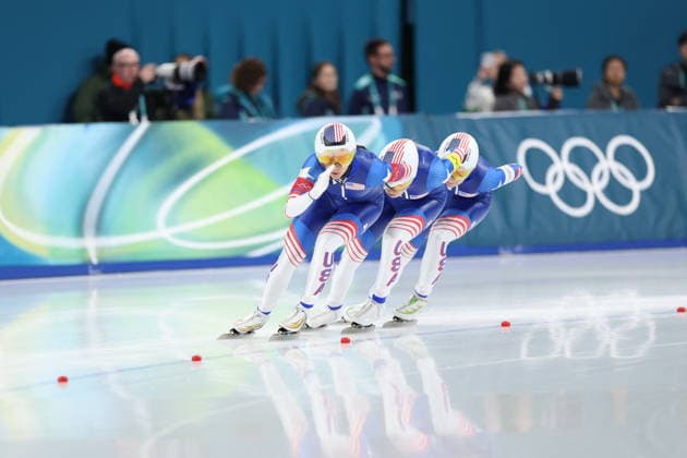 Winter Olympics - Speed skating, Eisschnelllauf Women s Team Pursuit Quarterfinals Team of USA compete during the Speed Skating Women s Team Pursuit quarterfinals at the Olympic Winter games, Winterspiele,Spiele, Summer games Milan Cortina 2026, on February 14, 2026, at the Milano Speed Skating Stadium, in Milan, Italy. Photo by Alexis Jumeau ABACAPRESS.COM  Copyright: xJumeauxAlexis ABACAx
