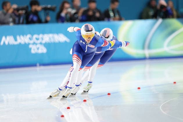 Winter Olympics - Speed skating, Eisschnelllauf Women s Team Pursuit Quarterfinals Team of USA compete during the Speed Skating Women s Team Pursuit quarterfinals at the Olympic Winter games, Winterspiele,Spiele, Summer games Milan Cortina 2026, on February 14, 2026, at the Milano Speed Skating Stadium, in Milan, Italy. Photo by Alexis Jumeau ABACAPRESS.COM  Copyright: xJumeauxAlexis ABACAx