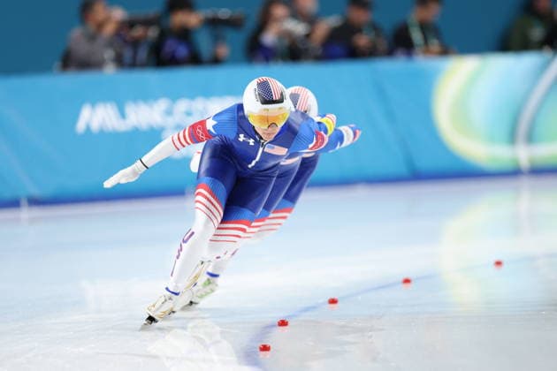 Winter Olympics - Speed skating, Eisschnelllauf Women s Team Pursuit Quarterfinals Team of USA compete during the Speed Skating Women s Team Pursuit quarterfinals at the Olympic Winter games, Winterspiele,Spiele, Summer games Milan Cortina 2026, on February 14, 2026, at the Milano Speed Skating Stadium, in Milan, Italy. Photo by Alexis Jumeau ABACAPRESS.COM  Copyright: xJumeauxAlexis ABACAx