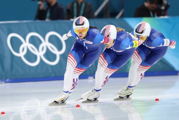 Winter Olympics - Speed skating, Eisschnelllauf Women s Team Pursuit Quarterfinals Team of USA compete during the Speed Skating Women s Team Pursuit quarterfinals at the Olympic Winter games, Winterspiele,Spiele, Summer games Milan Cortina 2026, on February 14, 2026, at the Milano Speed Skating Stadium, in Milan, Italy. Photo by Alexis Jumeau ABACAPRESS.COM  Copyright: xJumeauxAlexis ABACAx