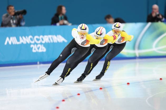 Winter Olympics - Speed skating, Eisschnelllauf Women s Team Pursuit Quarterfinals Team of Belgium compete during the Speed Skating Women s Team Pursuit quarterfinals at the Olympic Winter games, Winterspiele,Spiele, Summer games Milan Cortina 2026, on February 14, 2026, at the Milano Speed Skating Stadium, in Milan, Italy. Photo by Alexis Jumeau ABACAPRESS.COM  Copyright: xJumeauxAlexis ABACAx