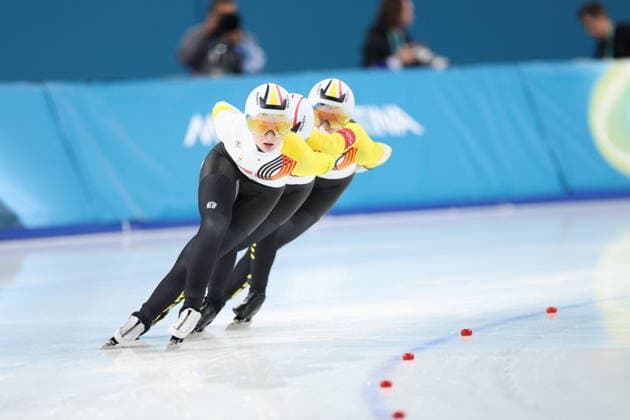 Winter Olympics - Speed skating, Eisschnelllauf Women s Team Pursuit Quarterfinals Team of Belgium compete during the Speed Skating Women s Team Pursuit quarterfinals at the Olympic Winter games, Winterspiele,Spiele, Summer games Milan Cortina 2026, on February 14, 2026, at the Milano Speed Skating Stadium, in Milan, Italy. Photo by Alexis Jumeau ABACAPRESS.COM  Copyright: xJumeauxAlexis ABACAx