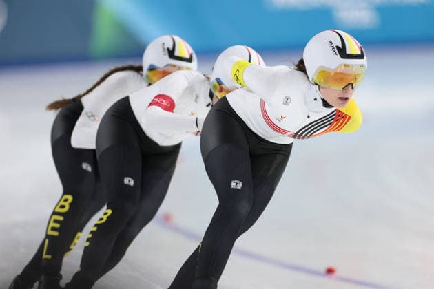 Winter Olympics - Speed skating, Eisschnelllauf Women s Team Pursuit Quarterfinals Team of Belgium compete during the Speed Skating Women s Team Pursuit quarterfinals at the Olympic Winter games, Winterspiele,Spiele, Summer games Milan Cortina 2026, on February 14, 2026, at the Milano Speed Skating Stadium, in Milan, Italy. Photo by Alexis Jumeau ABACAPRESS.COM  Copyright: xJumeauxAlexis ABACAx