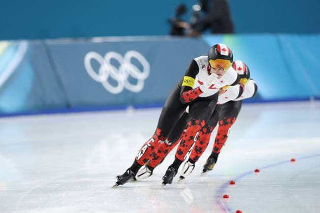 Winter Olympics - Speed skating, Eisschnelllauf Women s Team Pursuit Quarterfinals Team of Canada compete during the Speed Skating Women s Team Pursuit quarterfinals at the Olympic Winter games, Winterspiele,Spiele, Summer games Milan Cortina 2026, on February 14, 2026, at the Milano Speed Skating Stadium, in Milan, Italy. Photo by Alexis Jumeau ABACAPRESS.COM  Copyright: xJumeauxAlexis ABACAx
