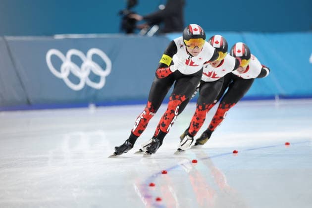 Winter Olympics - Speed skating, Eisschnelllauf Women s Team Pursuit Quarterfinals Team of Canada compete during the Speed Skating Women s Team Pursuit quarterfinals at the Olympic Winter games, Winterspiele,Spiele, Summer games Milan Cortina 2026, on February 14, 2026, at the Milano Speed Skating Stadium, in Milan, Italy. Photo by Alexis Jumeau ABACAPRESS.COM  Copyright: xJumeauxAlexis ABACAx