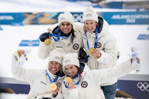 Team Norway competes in the Womens 4 x 7.5 km Relay cross-country skiing event at the Olympic Winter games, Winterspiele,Spiele, Summer games Milano Cortina 2026 at the Tesero Cross-Country Skiing Stadium, Tesero, Italy, on February 14, 2026 in Aktion beim 4 x 7,5 km Staffelrennen der Frauen im Skilanglauf bei den Olympischen Winterspielen Milano Cortina 2026 im Tesero Cross-Country Skiing Stadium, Tesero, Italien, am 14. Februar 2026. *** Team Norway competes in the Womens 4 x 7 5 km Relay cross country skiing event at the Olympic Winter Games Milano Cortina 2026 at the Tesero Cross Country Skiing Stadium, Tesero, Italy, on February 14, 2026 in action at the Womens 4 x 7.5 km Relay cross country skiing event at the Olympic Winter Games Milano Cortina 2026 at the Tesero Cross Country Skiing Stadium, Tesero, Italy, on February 14, 2026 Copyright: HMBxMedia MarcxNiemeyer
