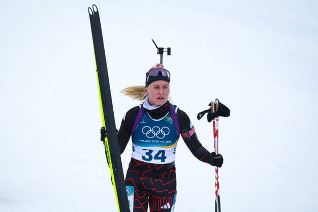 Antholz, Italien 14. Februar 2026: Biathlon Sprint Frauen 7,5 km - Olympia 2026 Im Bild: Julia Tannheimer (GER) im Zielbereich. Anterselva Biathlon Arena *** Antholz, Italy 14 February 2026 Biathlon Sprint Women 7.5 km Olympia 2026 In the picture Julia Tannheimer GER in the finish area Anterselva Biathlon Arena Copyright: xFotostandx xHettichx