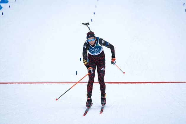 Antholz, Italien 14. Februar 2026: Biathlon Sprint Frauen 7,5 km - Olympia 2026 Im Bild: Franziska Preuss (GER) im Zielbereich. Anterselva Biathlon Arena *** Antholz, Italy 14 February 2026 Biathlon Sprint Women 7.5 km Olympia 2026 In the picture Franziska Preuss GER in the finish area Anterselva Biathlon Arena Copyright: xFotostandx xHettichx