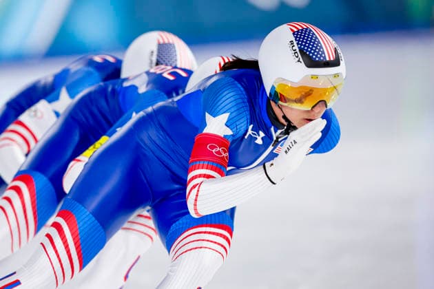 Milano Cortina 2026 Winter Olympics, Speed skating, Eisschnelllauf Italy Giorgia Birkeland , Brittany Bowe and Mia Manganello of United States of America competing in the Speed Skating Women s Team Pursuit Quarterfinals on Day 8 of the Milano Cortina 2026 Winter Olympics at the Milano Speed Skating Stadium in Milan, Italy, February 14, 2026. Milan Italy  Copyright: xMatrixxImagesx xHenkxJanxDijksx