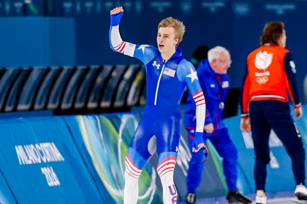 Jordan Stolz of United States of America celebrates after Men s 500m, Milano Cortina 2026 Winter Olympics: Day 8, Speed skating, Eisschnelllauf - Milano Cortina 2026 Winter Olympics: Day 8, Milano Speed Skating Stadium, February 14, 2026, Milan, Italy.