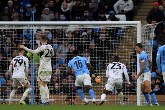 14th February 2026; Etihad Stadium, Manchester, Lancashire, England; FA Cup Football, Manchester City versus Salford City ; Marc Guehi of Manchester City scores for 2-0 after 81 minutes  DavidxBlunsden Content restricted for UK based newspaper